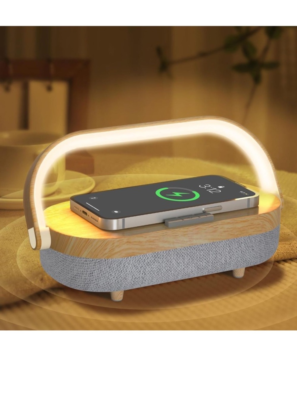 Modern Wood Bedside Lamp w Wireless Charger Bluetooth Speaker NIB